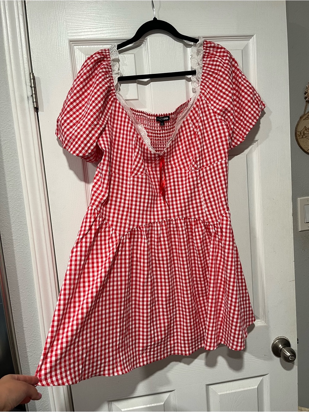 Red Gingham Lace-Trim Mini Dress - Picture 3 of 11